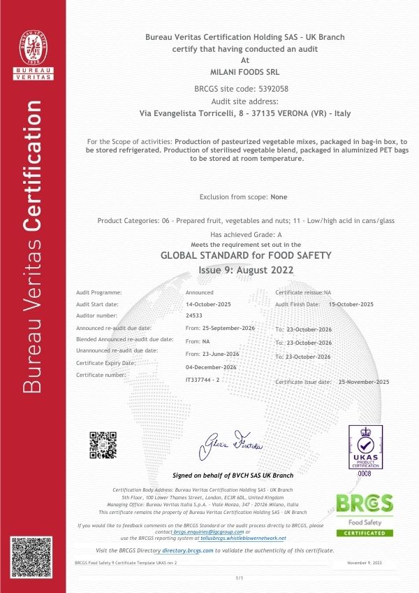 Certificate IT337744 MILANI FOODS SRL BRCGS 2025 2026