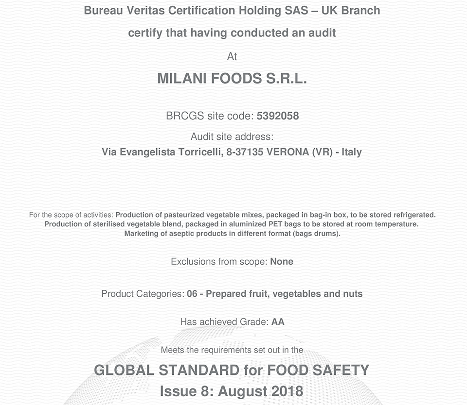 Certificazione BRC con grado AA